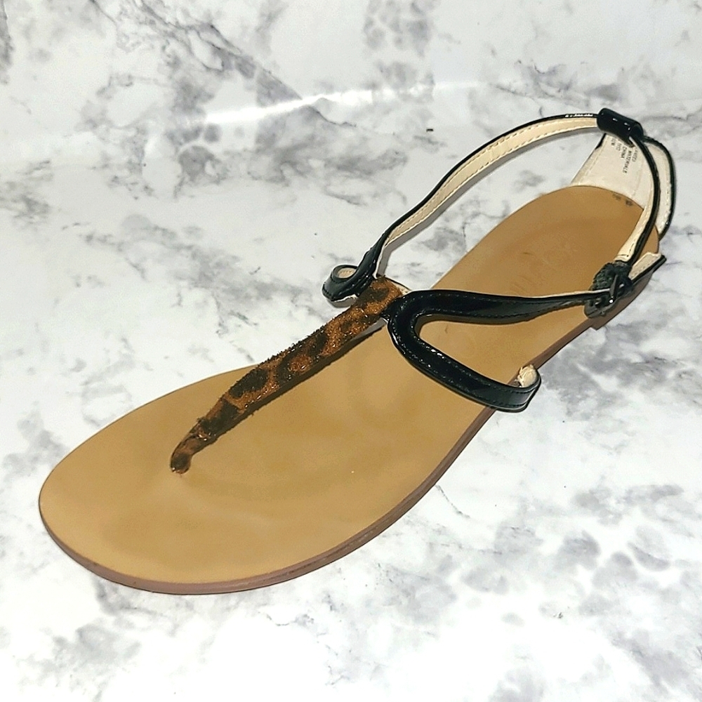 Black Animal Print T-Strap Sandals Boutique 9 Size 9 Boho Summer Shoes Coquette